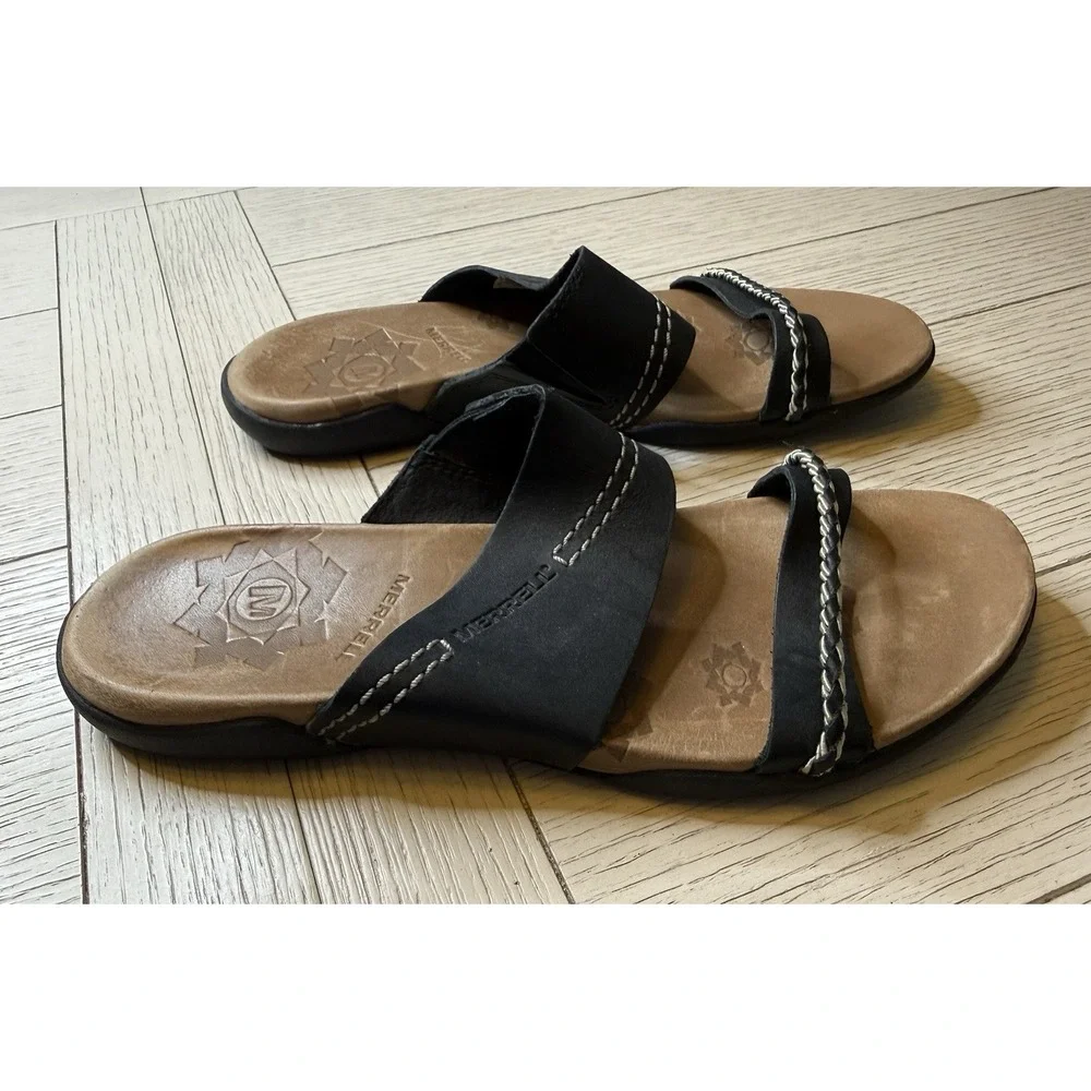 Merrell Shundra Women Sz 8 Black Casual Flip Flop Slide Sandal Shoes Boho Nature